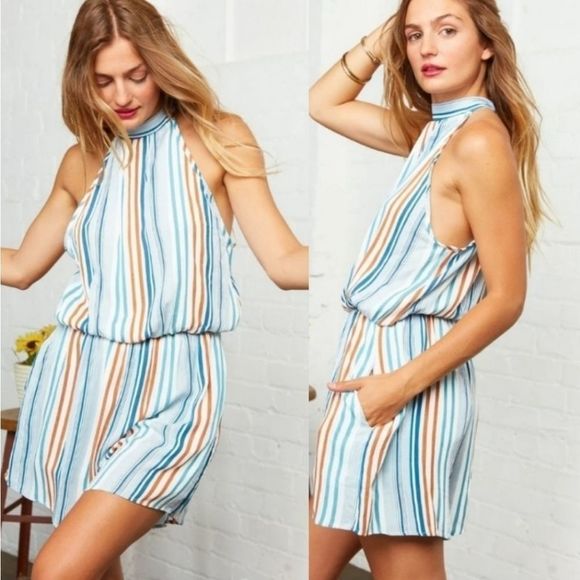 Lovely Rosetta Pants - Denim Blue Multi Stripe Romper